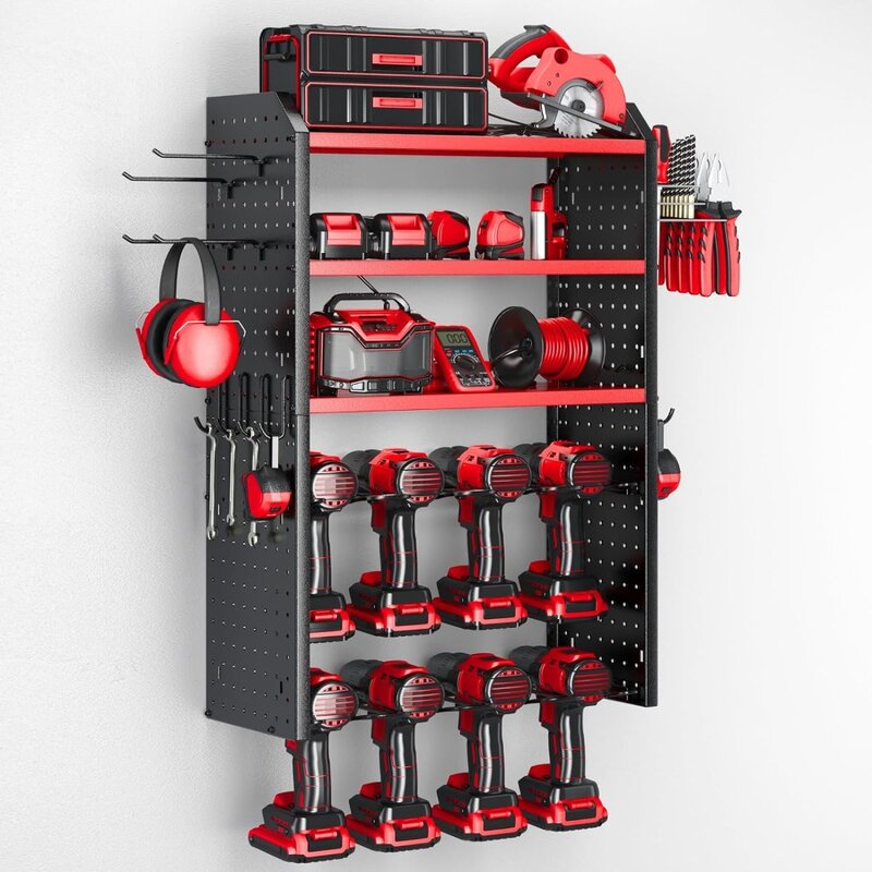 Organizador de herramientas eléctricas, soporte de pared grande de 8 brocas con 2 placas de clavija laterales, estante de almacenamiento de herramientas de Metal resistente de 5 capas