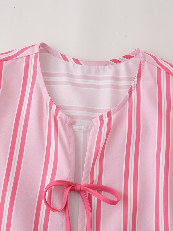 Camisa e Shorts de manga comprida listrada com cadarço feminino, blusa retrô com decote em O, moda casual, 2 peças, 2024