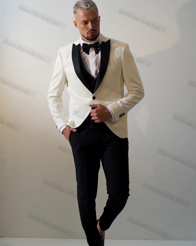 ชุดสูทสีขาวสำหรับผู้ชายเสื้อแจ็กเก็ต2ชิ้น + กางเกงสีดำทำเองได้ชุดทักซิโด้สำหรับนักธุรกิจเจ้าบ่าวแต่งงาน
