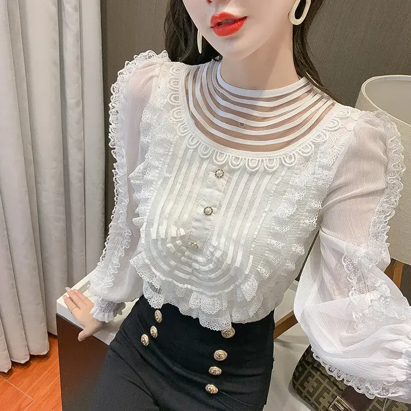 Atasan Wanita Blus Lengan Panjang Blusas Mujer De Moda Verano Elegantes Shirt Musim Semi dan Musim Panas Lace Ruffles Versi Korea