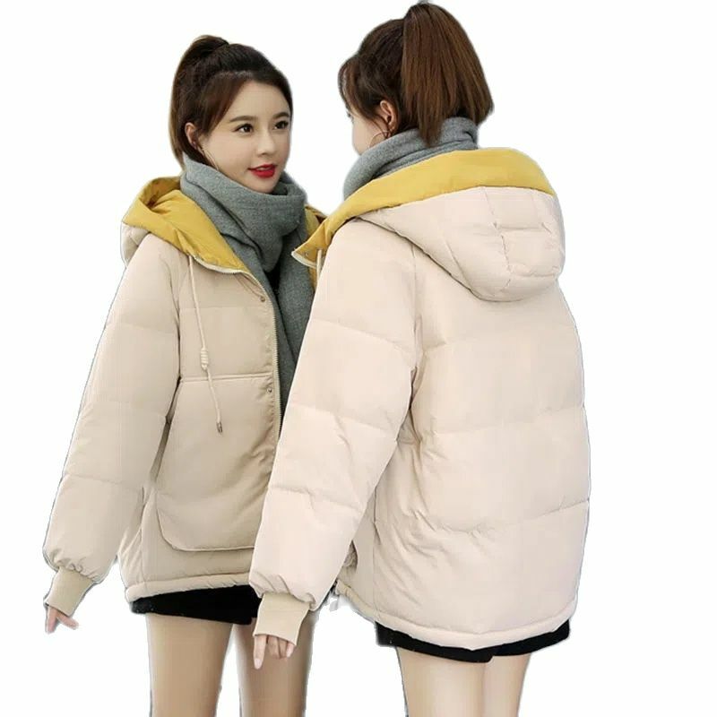 Zimowy krótki puchowy płaszcz bawełniany Kobiety 2024 Nowy płaszcz z kapturem Gruby chleb Pure Color Moda Odzież wierzchnia Parka Płaszcz damski