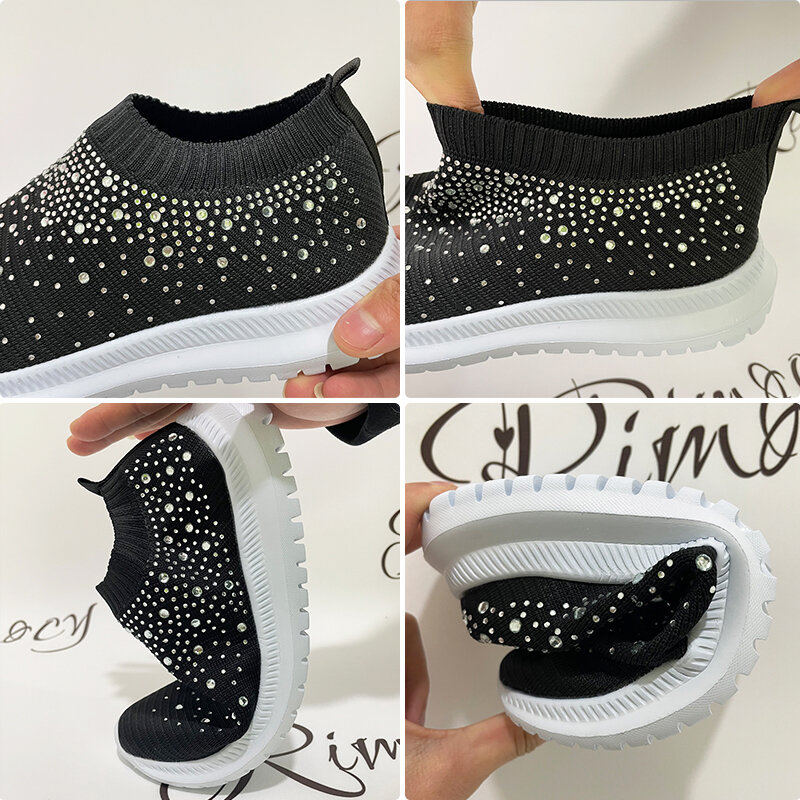 Rimocy Sepatu Sneakers Jaring Bersirkulasi Kristal untuk Wanita Nyaman Sol Datar Lembut Ukuran Besar 43 Sepatu Kasual Antiselip Wanita