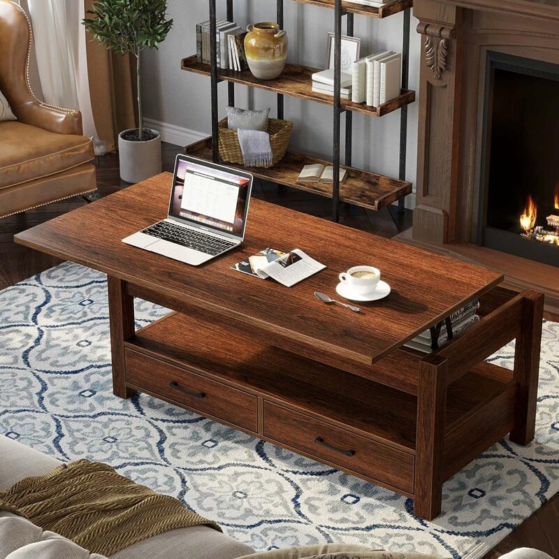 Lift Top Coffee Table With Drawers and Hidden Compartment Retro Central Table With Wooden Lift Tabletop for Living Room Tables