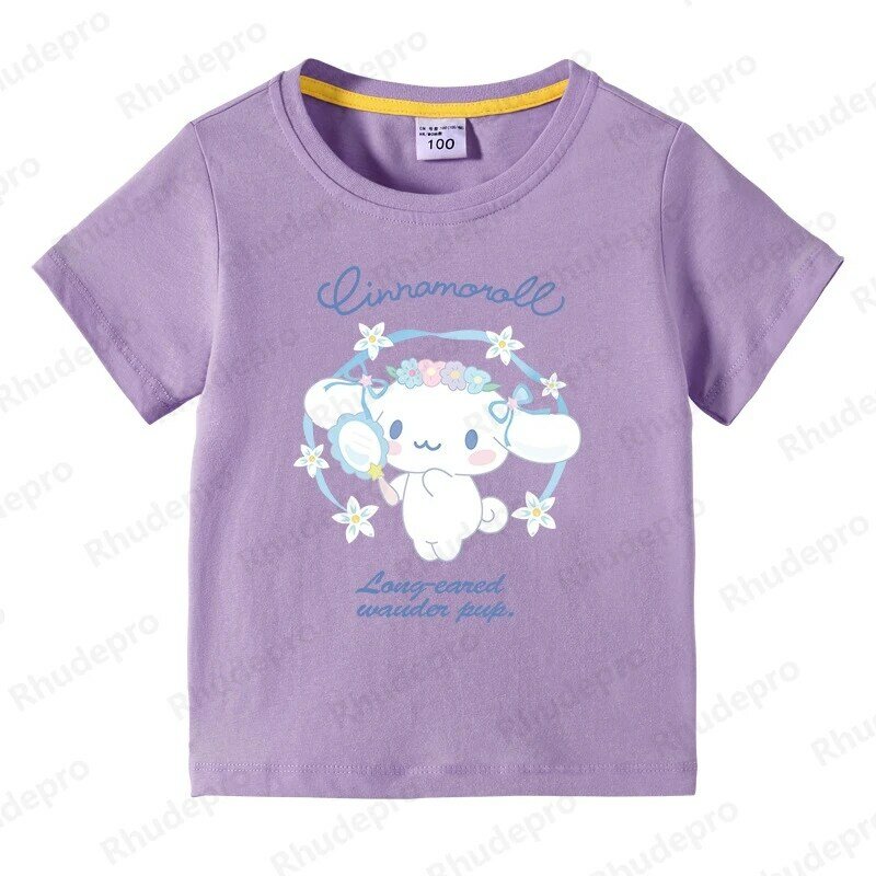Camiseta infantil de manga curta, Tops de algodão feminino, Sanrio Cinnamon Dog, roupa de criança, estilo coreano, verão, novo, 2024