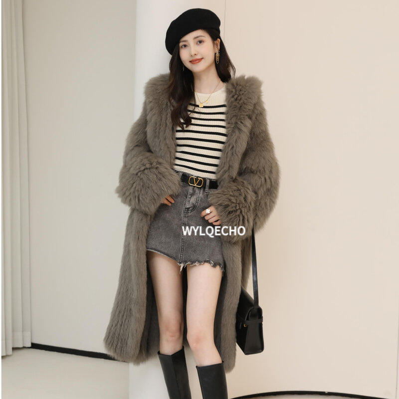 Luxus Winter lange Mäntel Frauen übergroße Revers Kapuze Faux Fox Pelzmantel Jacke weibliche große Oberbekleidung Plüsch Pelz mäntel