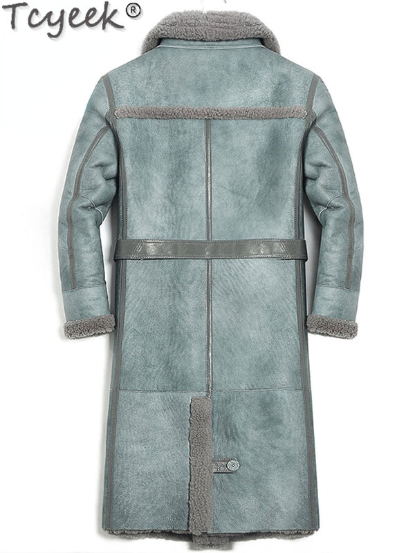 Tcyek 남성용 천연 양가죽 재킷, 두꺼운 진짜 모피 코트, 긴 겨울 재킷, 남성 의류 벨트 패션, 따뜻한 모피 코트, 슬림