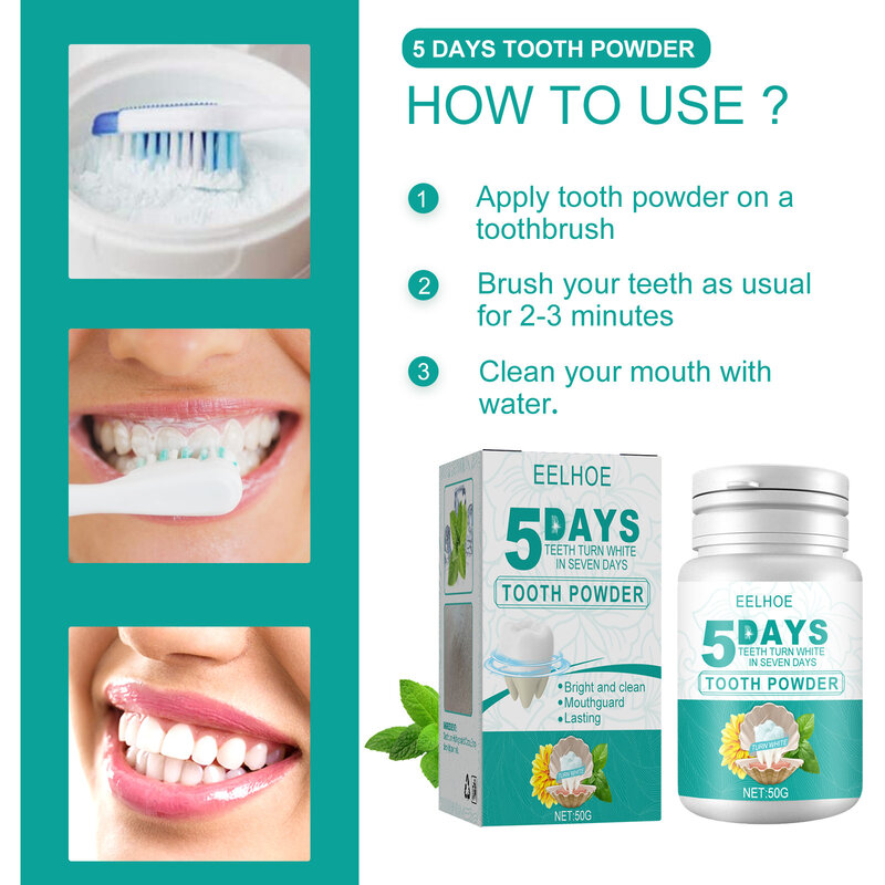 Bubuk pemutih gigi 5 hari, alat perawatan gigi, kebersihan mulut segar, pasta gigi menghilangkan noda plak