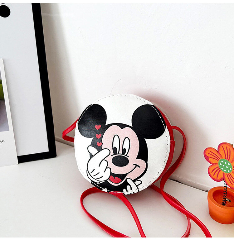 Disney-bolso de hombro de Mickey para niños y niñas, bandolera redonda de PU con dibujos animados, resistente al agua, gran capacidad, almacenamiento de llaves y monedas