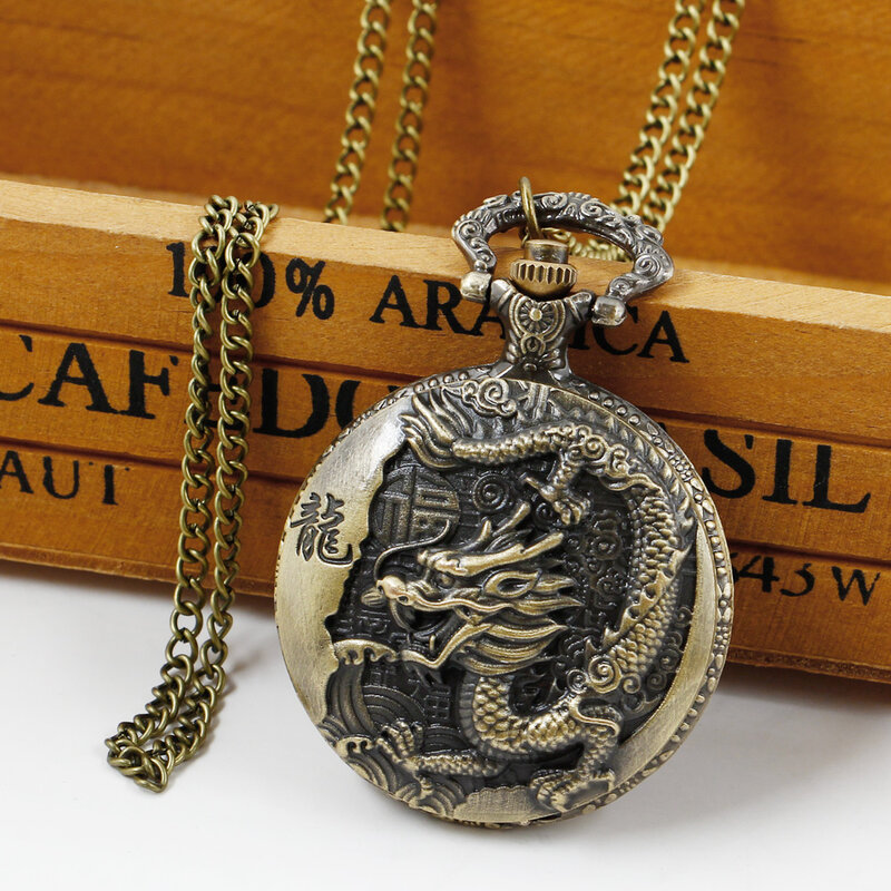 Reloj de bolsillo con tapa de dragón chino, cronógrafo de cuarzo con esfera blanca, bronce Vintage, cadena de regalo para hombre y mujer, novedad de 2022