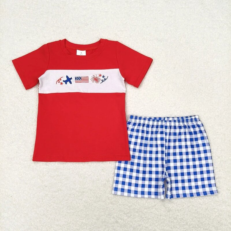Wholesale Kids Summer Embroidery Flag Red Tops Toddler Set Children Blue Plaid Shorts Matching Baby Boy Girl July 4th Outfit