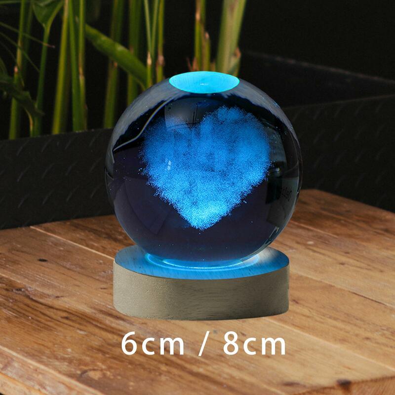 Veilleuse boule de verre avec motif de cœur, prise USB, affichage de la sphère, lampe de chevet