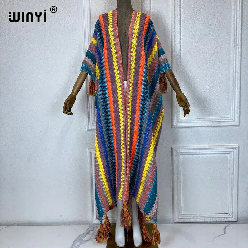 Winyi-女性の冬のタッセルニットカーディガンダウンコート、クリスマスファッション、ヒップスターパーティードレス、厚い暖かい女性のアウター