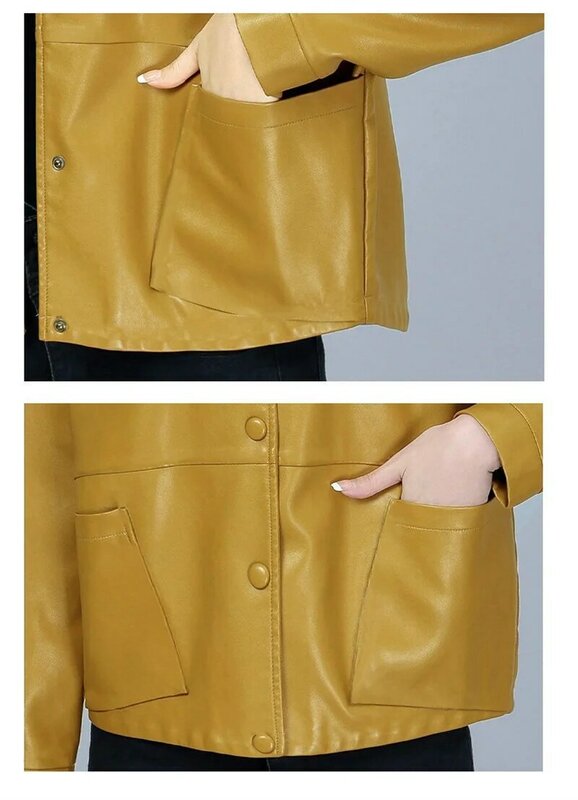 High-grade Yellow Leather Women's new Short Age-reducing Casual Imitation Sheepskin Loose Joker Leather Jacket Coat New in Coats