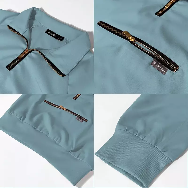 Mundury pielęgniarek Krótkie bluzki z długim rękawem i kieszeniami Spodnie Spa Salon kosmetyczny Odzież robocza Zestaw medycznych szorowania Modne stroje do biegania