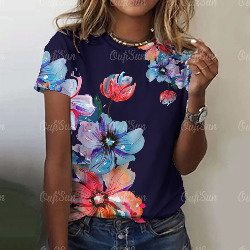เสื้อ2024พิมพ์ลายดอกไม้สำหรับผู้หญิงเสื้อยืดขนาดใหญ่เสื้อยืดแขนสั้นเสื้อผ้าผู้หญิง3D เป็นที่นิยม