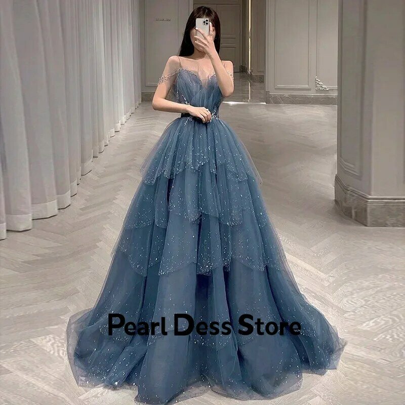 Vestido de noche azul de lujo con cristales brillantes para mujer, vestido Formal largo con tirantes finos para el hombro, fiesta de boda, novedad de 2024