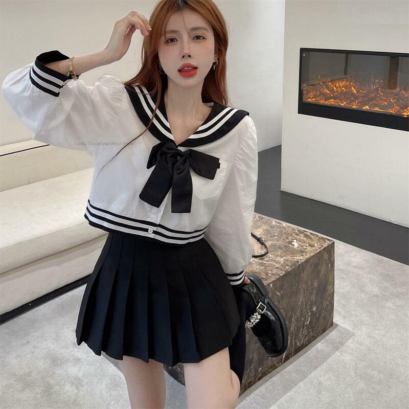 Japan Korea School Jk Uniform Meisje College Stijl Navy Kraag Bubble Mouwen Strik Shirt Met Hoge Taille Geplooide Rok Tweedelig Pak