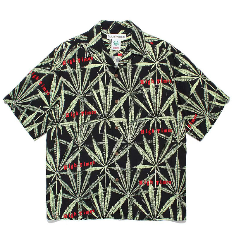 WACKO MARIA 하와이 셔츠 남녀공용, 1:1 좋은 품질 나뭇잎 풀 프린트, 루즈 캐주얼 반팔 상의, 여름 티셔츠, 2024ss