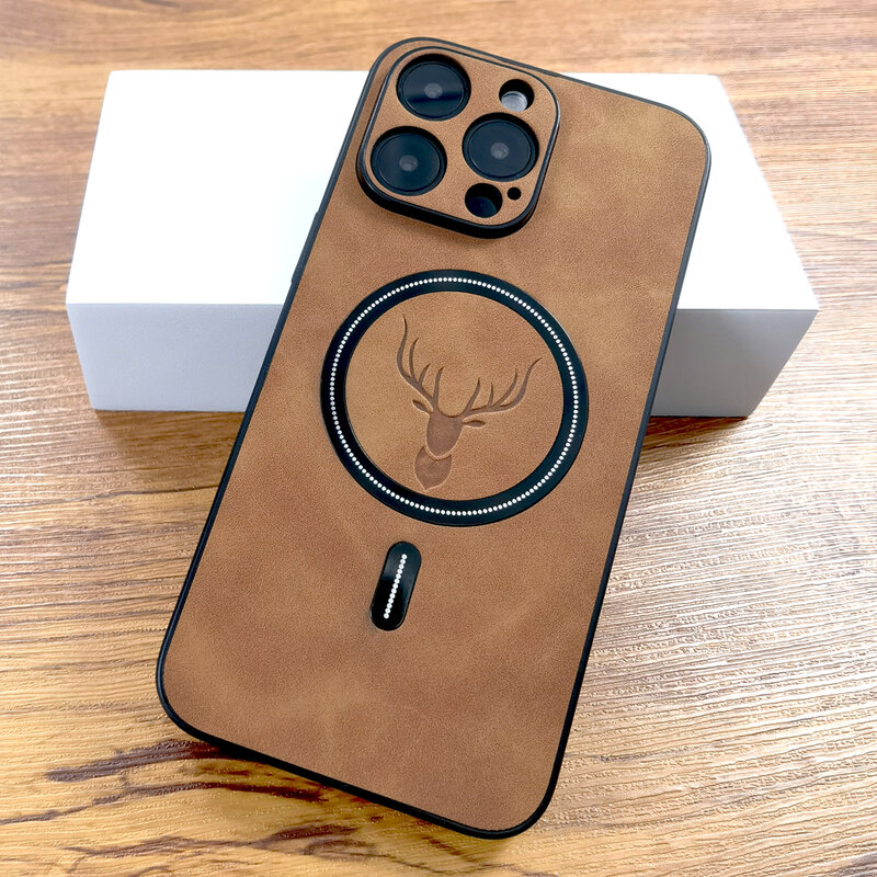 Luxury PU Leather Deer Case For iPhone 15 14 13 12 11 Pro Max 15Pro 14Pro 13Pro ProMax For Magsafe Wireless Charge Full Cover on