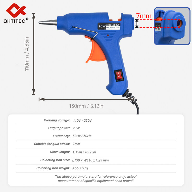 JCD-Mini pistola adhesiva de fusión en caliente para el hogar, herramienta de reparación de pistola de calor eléctrica de alta temperatura, juego de tiras de goma de 7mm, 20 piezas, 20W
