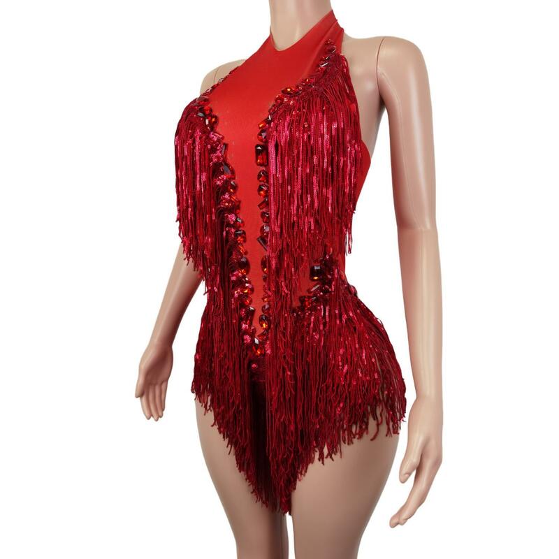 Fato de lantejoulas vermelho piscando feminino, franjas, strass, transparente, traje de comemoração de aniversário, collant dançarino, Shuye