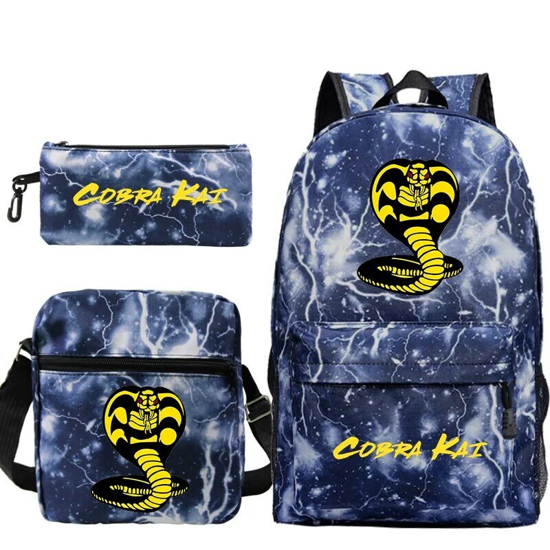 Tas sekolah ringan, 3 buah Set tas ransel Sekolah ringan dengan film Cobra Kai cetak untuk anak laki-laki dan perempuan kapasitas besar tas buku perjalanan anak-anak