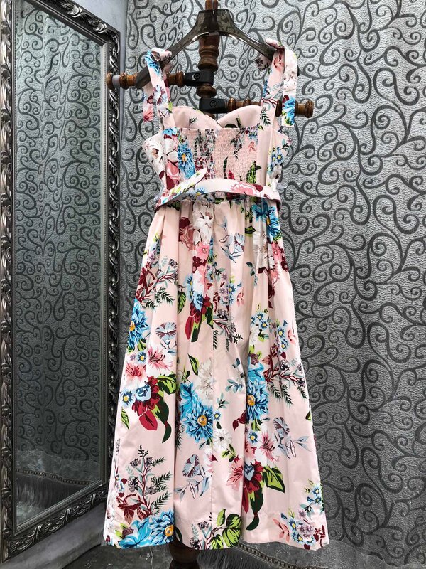 lingzhiwu Print Dress 2024 Spring Summer Female Vintage Belt Strapless Dresses Beach Dresses New Arrive