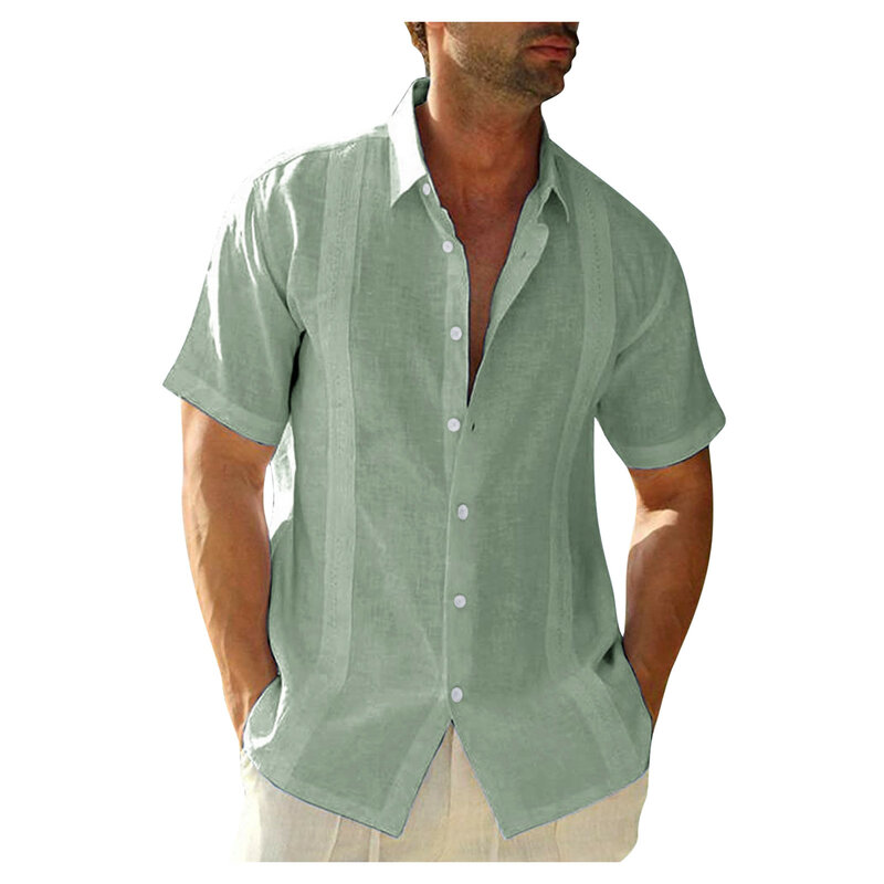 Desain Fashion Baru Kaus Solid Tepi Sulaman Linen Katun Kasual Ukuran Plus Pria Kemeja Kerah Lipat Lengan Pendek untuk Pria