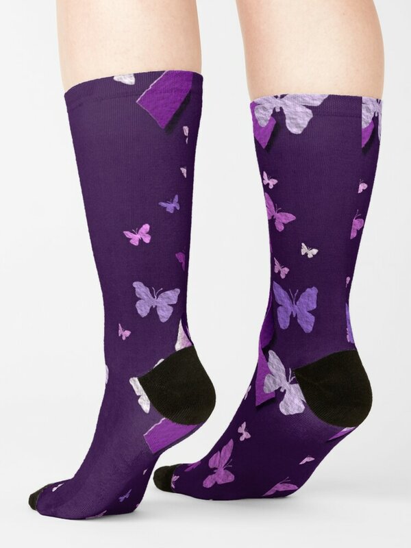男性と女性のための蝶の靴下が付いた紫色の認識リボン、滑り止め、サーマル、クロスフィット、クレイジー、冬
