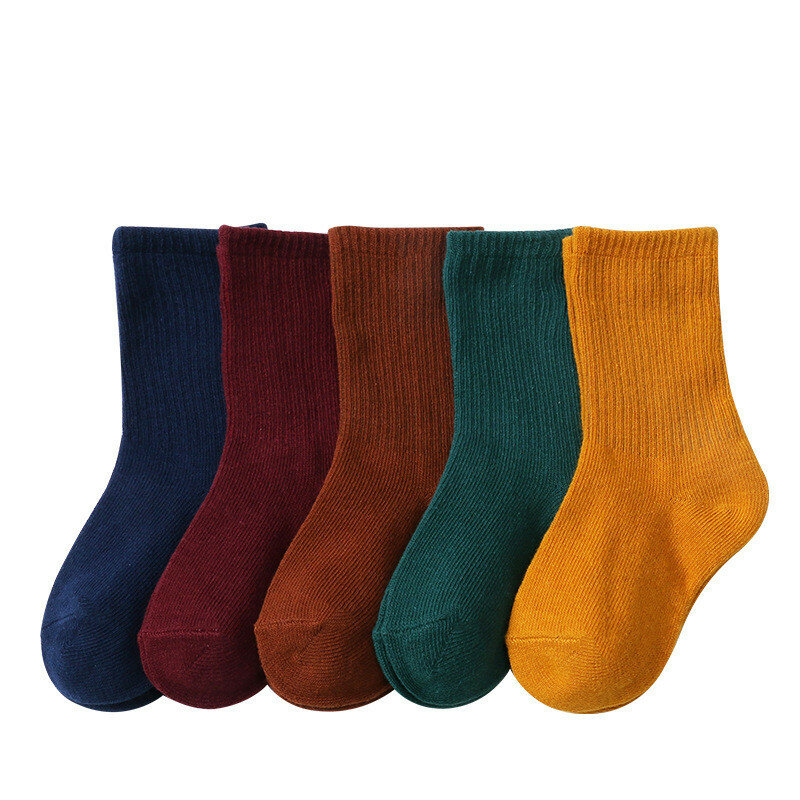 Calcetines de algodón coreanos para niños Y niñas, medias sencillas de alta elasticidad con rayas de Color sólido, con alfabeto, de 1 a 12 años, 5 par/lote