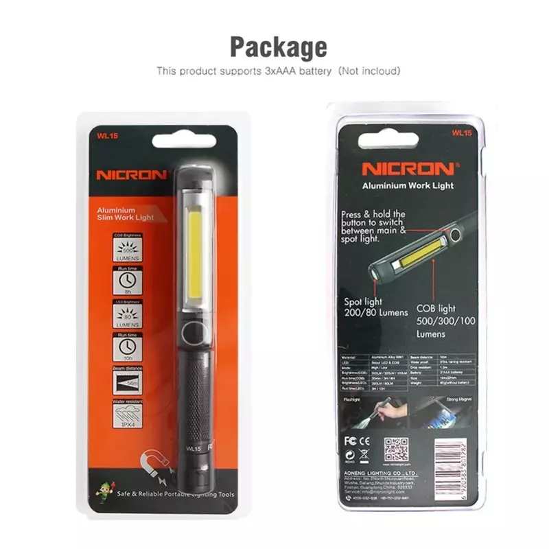 NICRON Aluminium Slim Work Light IPX4 Waterproof Spot / COB LED Flashlight 500LM Strong Magnet 3*AAA Battery For Maintenance etc
