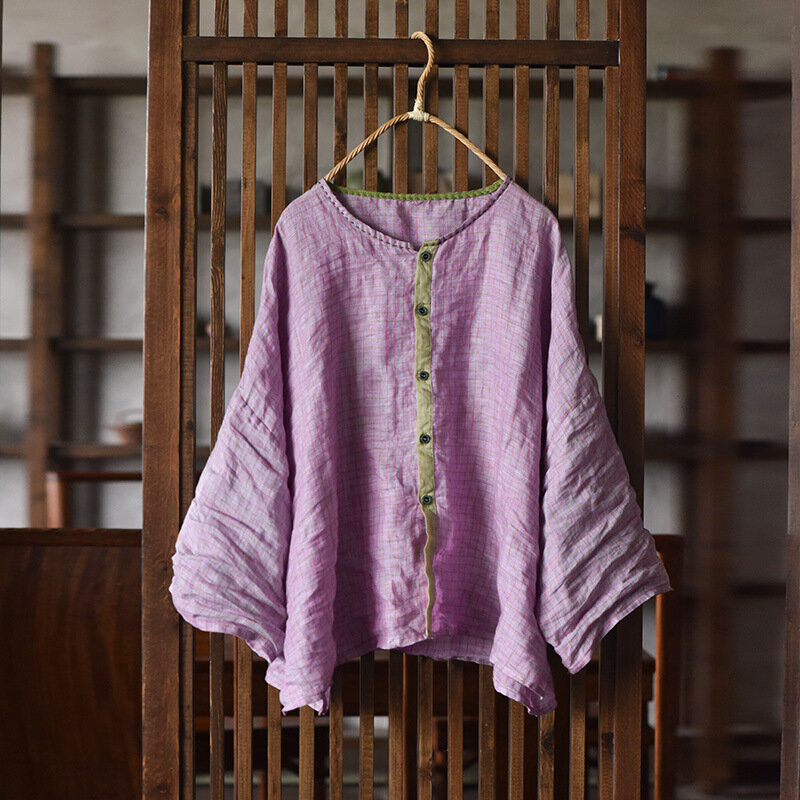 Camisas finas de botão rami femininas, cardigã de manga comprida, leve, tops estampados, primavera e verão, novo, 2024