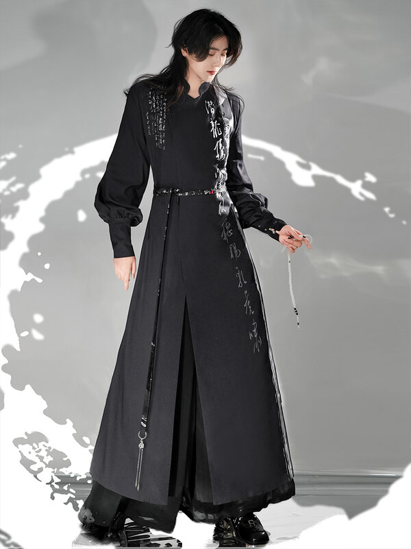 Chinese Style  Long Shirt Calligraphy Shirt Youth Chinese Speaking Men's and Women's Set Large Size Extended HANFU
