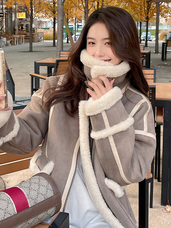 Mantel wol domba wanita, mantel wol tebal hangat Korea longgar musim dingin 2023, mantel sepeda motor bulu domba wanita