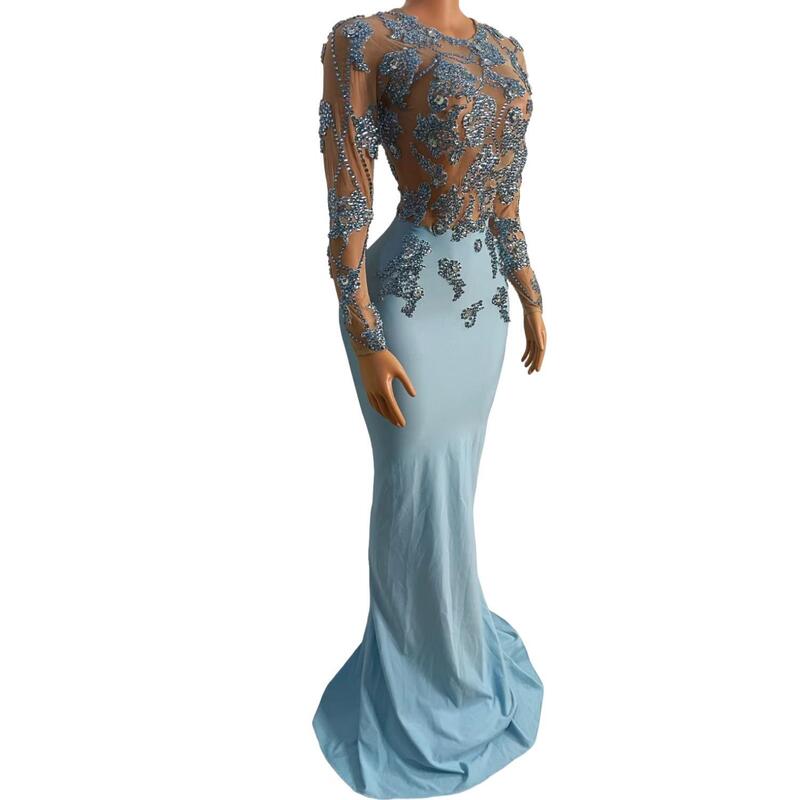Vestido de noche de cola de diamantes brillantes azules para mujer, hermoso vestido de verano, vestidos de fiesta de boda elegantes, dama de honor BIyue, nuevo estilo