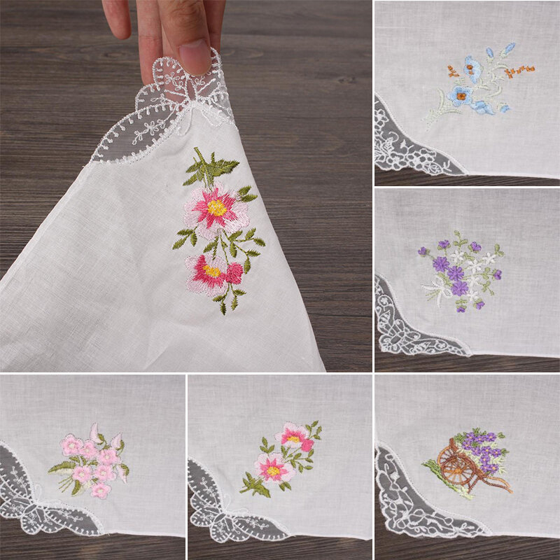 6 pçs vintage algodão bordado flor laço floral hankies lenço feminino