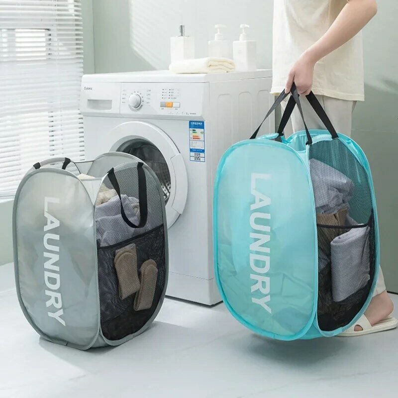 Durable Folding Simple Laundry Basket Large Washable Clothes Toy Storage Organizer Fashion Mesh Breathable Bathroom Accessories