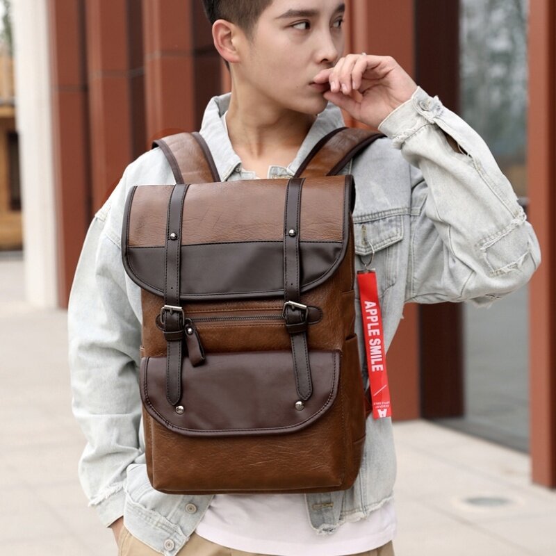 Vintage Laptop Leather Backpacks for School Bags Men PU Travel Leisure Large Capacity Waterproof Students Schoolbags