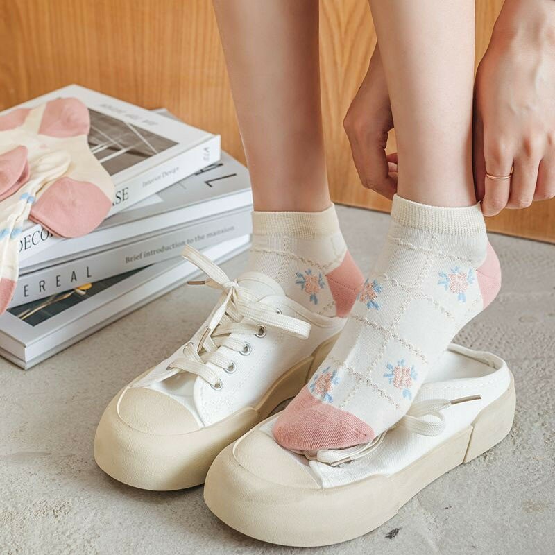 Socks Women's Pink Series Flower Printed Cotton Socks Comfortable Breathable Invisible Japanese Kawaii Ankle Socks Woman B125