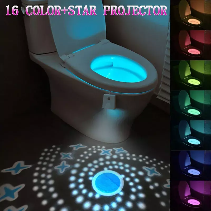 Lampu Toilet, lampu malam Toilet dengan proyektor bintang dan Sensor gerak 16 warna berubah, lampu malam LED tempat duduk mangkuk Toilet