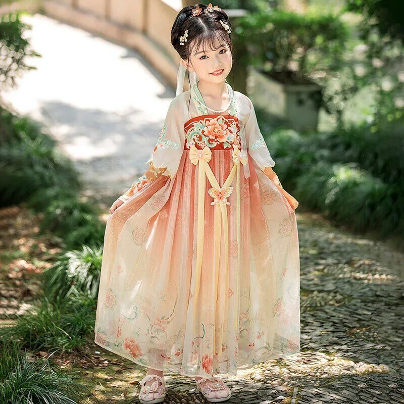 Ancient Chinese Costume Girls Hanfu Fairy Floral Embroidery Dresses Tang Dynasty Princess Dance Cosplay Stage Dress
