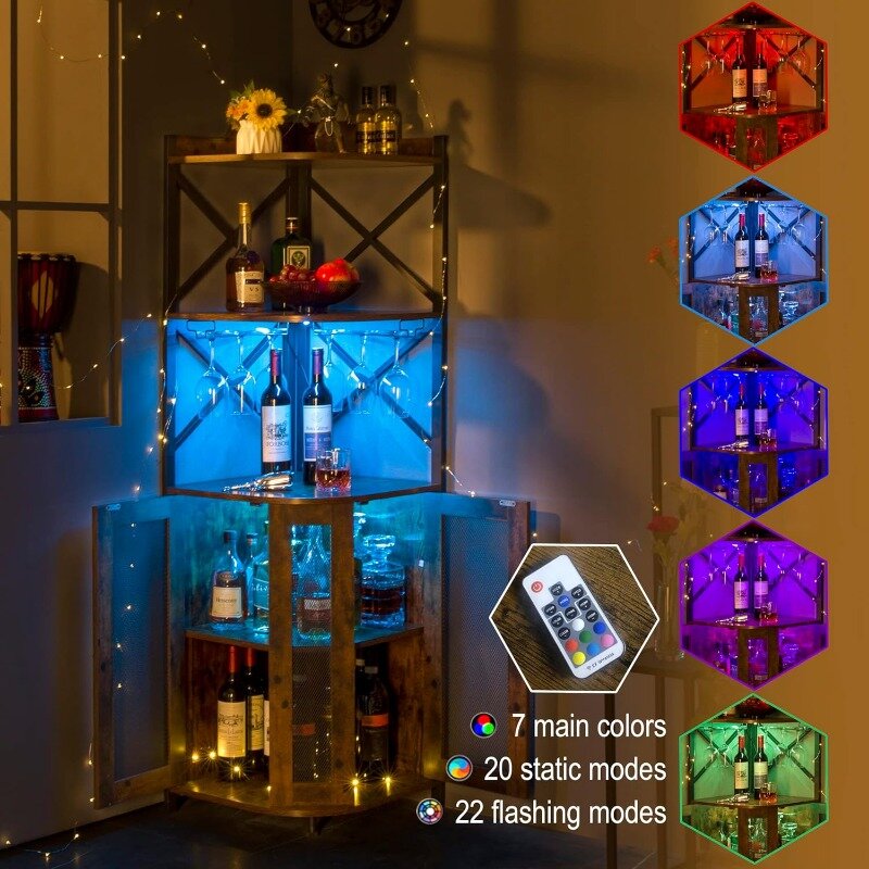 Narożna szafka barowa z oświetleniem LED, 5-poziomowa przemysłowa szafka na wino z uchwytem na kieliszki, szafka na wino z regulowaną półką