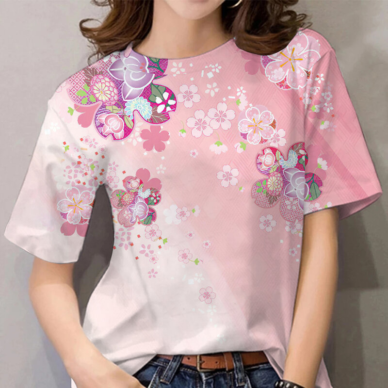 Women's T-Shirt Pink Floral Printed Tops Tees Oversized T-Shirt Summer NEW Popular Clothes Women Clothing Short Sleeve Blouse