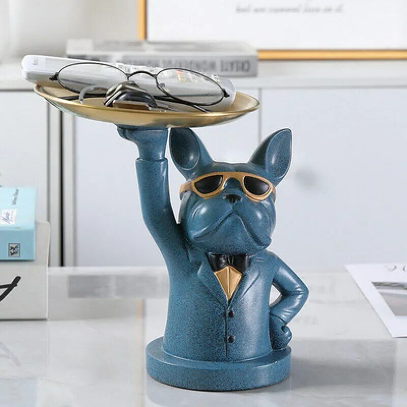 Nordic French Bulldog Sculpture Dog Figurine Statue Key Jewelry Storage Table Decoration Gift With Plate Glasses