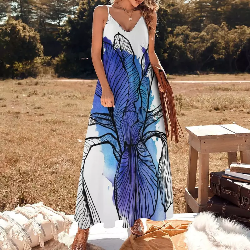 Gaun tanpa lengan Iris seni garis biru gaun musim panas longgar gaun musim panas wanita gaun Afrika untuk wanita
