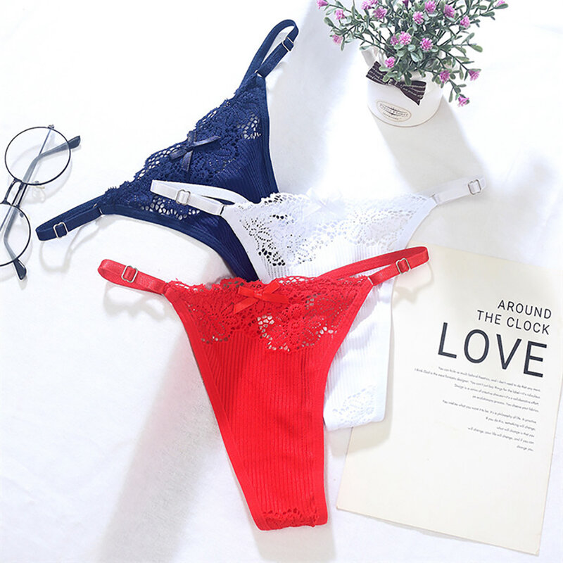 Breathable Hollow Bowknot Low-waist Underwear G-String Women Thong Lace Panties Sexy Briefs