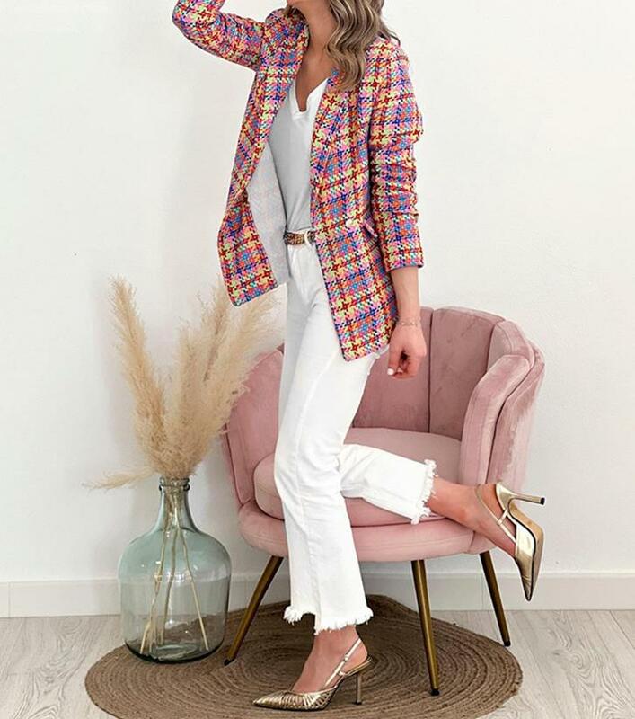 Terno de manga comprida estampado quadriculado feminino, jaqueta estilo casual, bolsos com dois botões, nova moda, venda quente, 2023