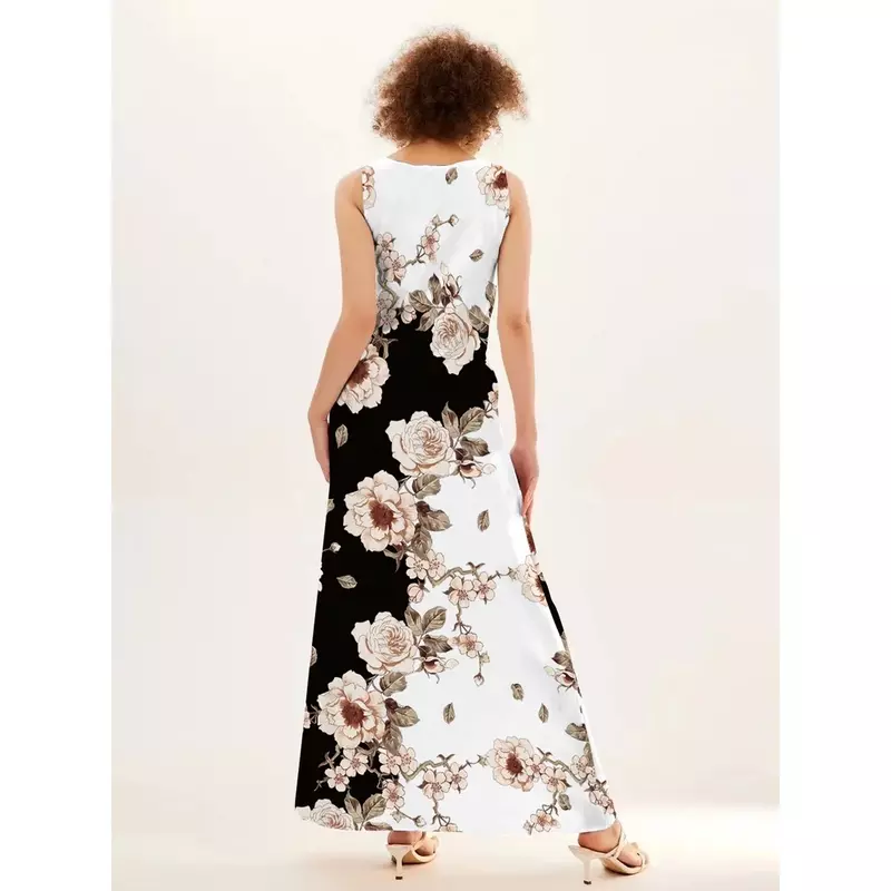 زهرة طباعة جديدة عادية أكمام فستان طويل المرأة الخامس الرقبة فستان مطبوع سوينغ فساتين البوهيمي الرجعية
