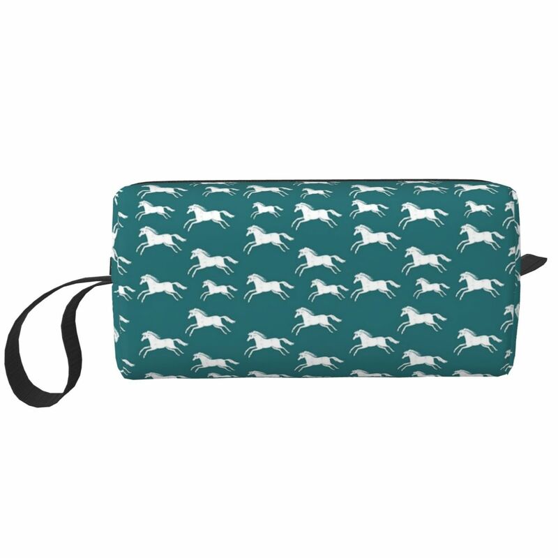 White Horses On Teal Makeup Bag Cosmetic Organizer Storage Dopp Kit Toiletry Cosmetic Bag for Women Beauty Travel Pencil Case