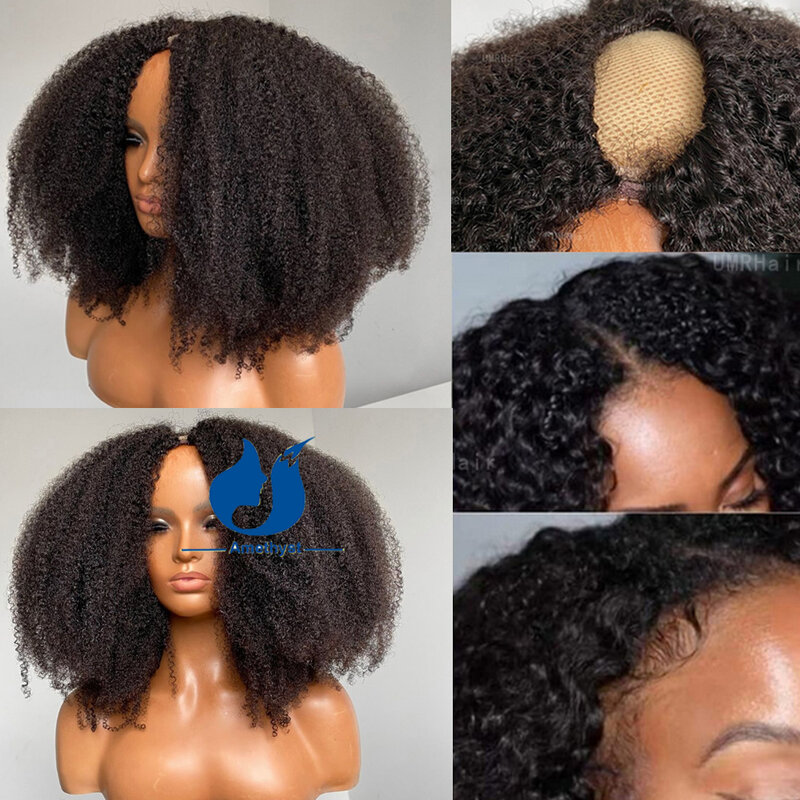 4b/4c Afro Kinky Curly Upart Pruiken Menselijk Haar 2X4 Middendeel Braziliaans Lijmloos Menselijk Haar U Deel Pruiken Natuurlijke Zwarte Kinky Krullend